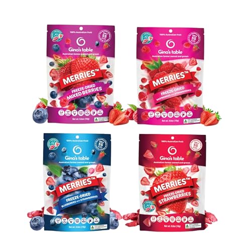 Gina's Table Merries Freeze Dried Berries Variety Pack - Natural Freeze Dried Fruit - Crisps - Healthy Fruit Snacks for Kids - Low Calorie Snacks - 4 Count