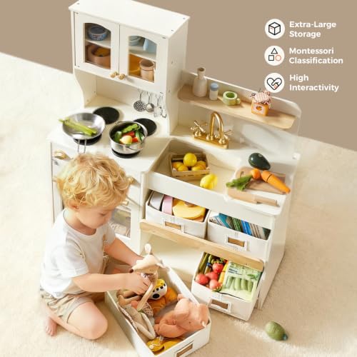 Image of Tiny Land Wooden Play Kitchen for Kids with Toy Storage for Pretend Play
