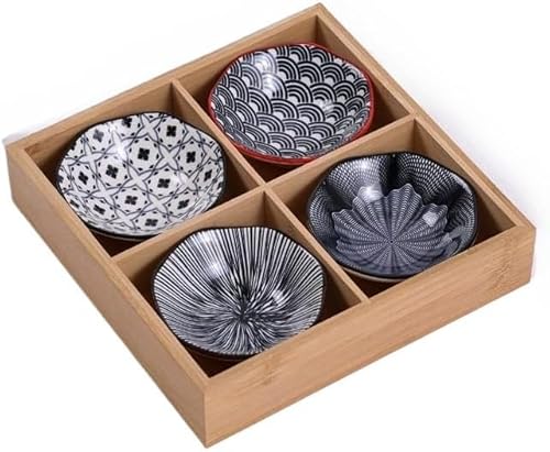 Nozuma 和食器セット 竹製トレイ付きセラミック小鉢 3 グリッド 蓋付き仕切りトレー 薬味皿・調味料皿・タレ皿・菓子皿多用途 火鍋・焼肉屋・寿司屋・懐石料理適用 小さめ深型副菜皿・前菜皿・漬物皿セット