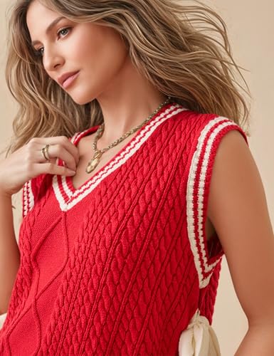 InterNos Women's Striped Cable Sweater Vest V Neck Sleeveless Casual Knit Pullover Top with Side Bow Ties4