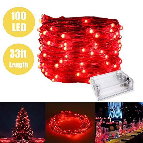 Preisvergleich Produktbild Fairy Light mit 100 LEDs, wasserdichte Kupferdraht Sternenlichterketten durch Batterie betrieben für Indoor-Schlafzimmer & Terrasse Garten Hausgarten Hochzeit (33ft / 10M, rot)
