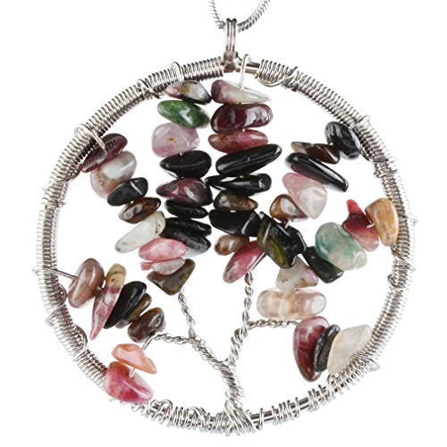 SUNYIK Rainbow Tourmaline Tumbled Stone Tree of Life Pendant