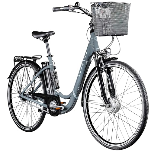 ZÜNDAPP E Bike Damen Fahrrad 28 Zoll | Ebike City Erwachsene 155-190 cm | Retro E-Bike 7 Gang Schaltung Rücktrittbremse | Elektro Fahrräder mit Licht Z517 (basaltgrau + Faltschloss, 48 cm)