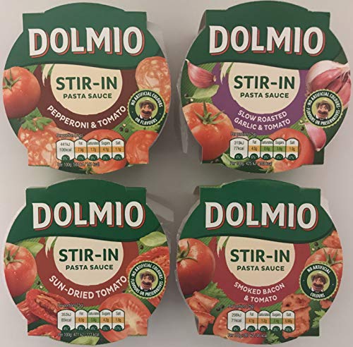 Dolmio Stir-in Pasta Sauce Italian Multipack - 4 Delicious Flavours 150g Each - Pepperoni & Tomato, Smoked Bacon & Tomato, Slow Roasted Garlic & Tomato and Sun-Dried Tomato (one of Each)