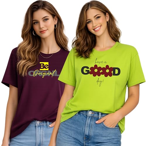 Image of London Hills Women's Loose Fit Printed Cotton T-Shirt Pack of 2 | Casual Round Neck Half Sleeve Graphic Tee | Breathable Summer Top for College, Travel & Outing