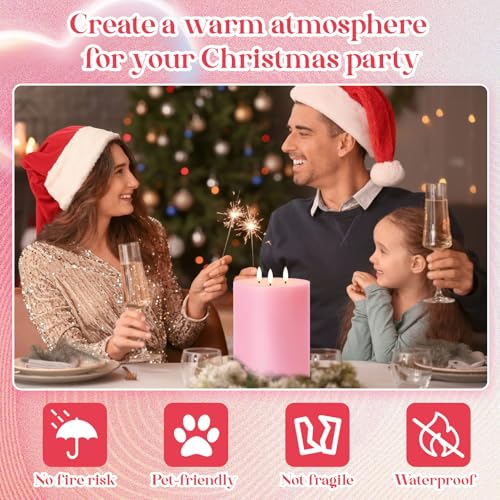 Image of Retisee 1 Pack Pink Extra Large Flameless Candles 6'' x 8'', Classic | LED Battery Operated, 3 Wicks Flickering Pillar Candle, Valentine's Day Wedding Party Decoration