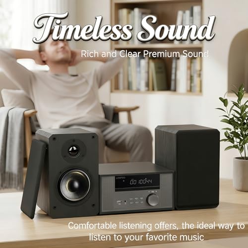 Image of Home CD Stereo Shelf System,100W Hi-Fi Bookshelf Speskers System (with CD Player, FM Radio, Bluetooth 5.3, USB Playback, AUX-in, Headphone Jack, Remote Control, DSP-Tech