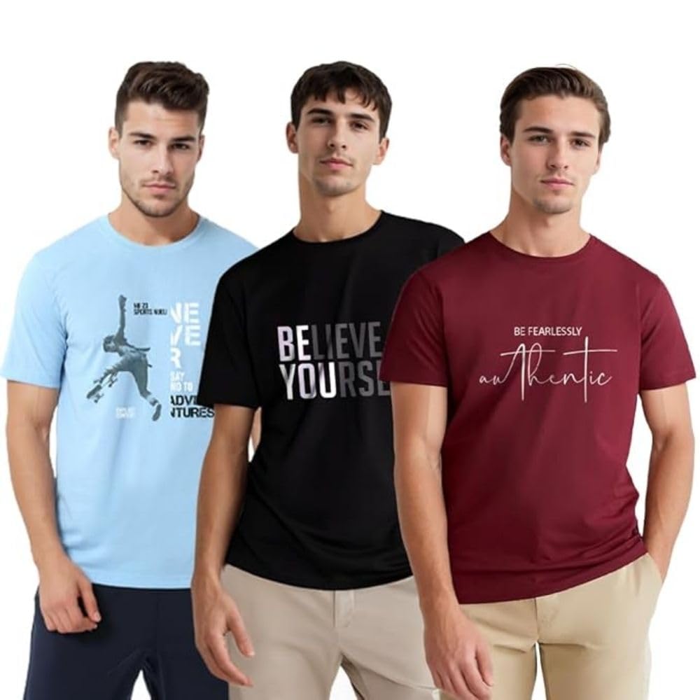 Men's Graphic Printed Regular Fit Cotton T-Shirt (Pack of 3)