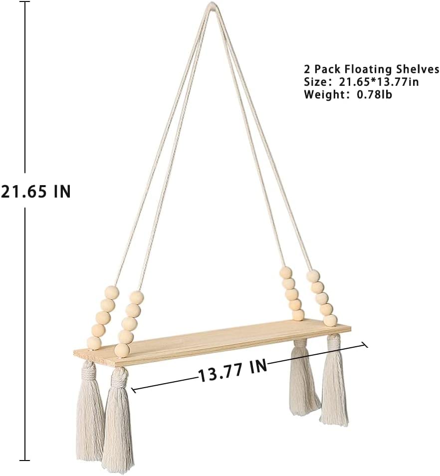 Image of Cotton Macrame Wall Hanging Shelf For Home Decor Set Of 2-Pieces|56|Woven Art For Home Decoration ,Apartment, Dorm, Bed /Living Room, Nursery, Party Decoration 14X5X22 In, 2-Pcs, White