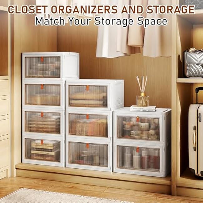 4 Tier Storage Bins with Lids, 23QT Stackable Closet Organizers and Storage with Wheels, Collapsible Storage Boxes, Foldable Plastic Storage Containers for Home,Office, Dorm Room-White