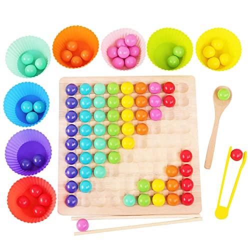 AUTERCO New Rainbow Board Game, Color Wooden Board Bead Game, Montessori Toys for Toddlers, Funny Puzzle Color Sorting Stacking Board Game, Toddler Matching Game, Multiplayer Board Game PK (Spoon)