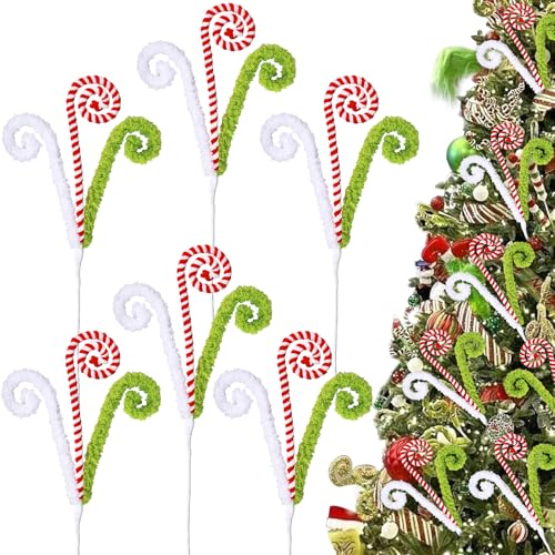 RINOLY 6 Pcs Christmas Tree Topper,16 in Red Green White Candy Cane Christmas Tree Decorations,Woolen Curly Christmas Tree Picks Ornaments for Holiday Decorations Vase Filler Garland (Green)