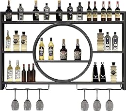 FUYAO Modern Metal Wall Mounted Wine Display Rack, Hanging Industrial Round Wine Racks, Bar Unit Floating Shelves, Glass Rack Iron Display Stand for Home, Restaurant, Bars (Black)