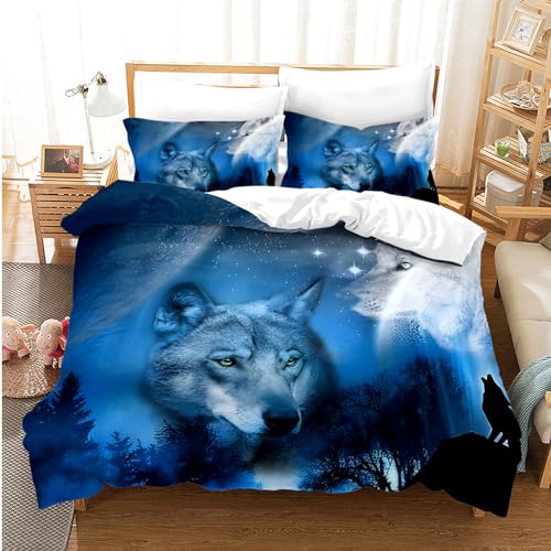 CIUNVXD Ensemble de Literie 3D Thème Loup, Ensemble de Housse de Couette et Taies d'Oreiller avec Motif Animal Loup Réaliste 3D, Design Imprimée Motif Loup...
