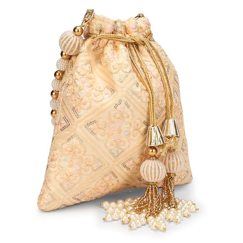Image of LONGING TO BUY Indian Embroidered Pearl Potli Bag For Women, Sequence Design with Tassel, Wedding Potli Bags