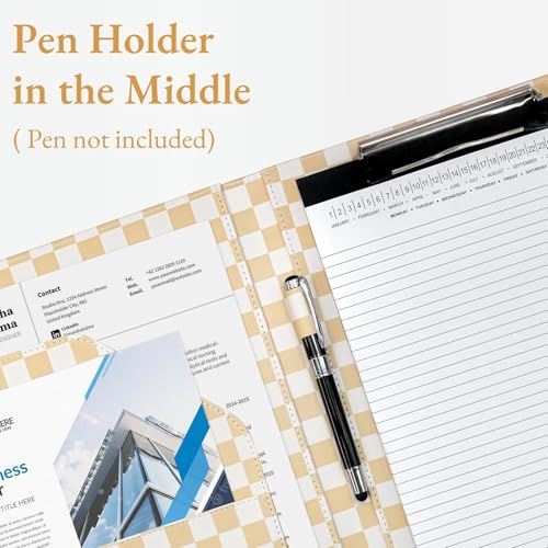 Image of Mymazn Padfolio Portfolio Folder, Faux Leather Interview Resume Folder with Document Organizer & Business Card Holder, Letter-Sized Notepad Legal Pad Holder for Men Women (Tan Checkered)
