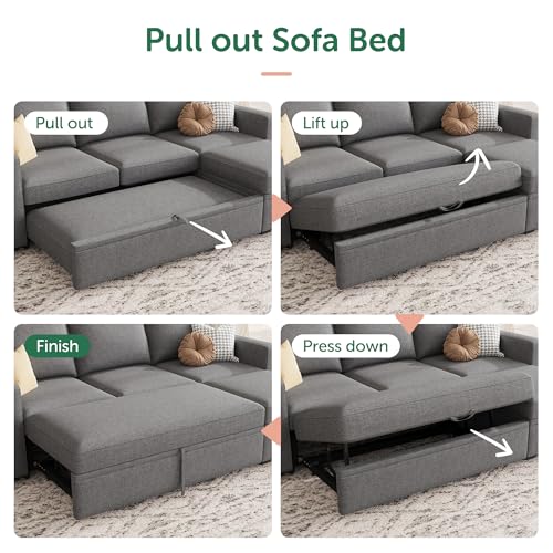 Image of HONBAY Modular Sectional Sleeper Sofa with Pull Out Bed, L Shaped Couch with Storage Seat, Modular Sectional Couches for Living Room - Dark Grey
