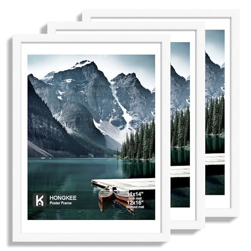 Hongkee 12x16 Picture Frame Set of 3 - Display 11x14 Photo with Mat or 12 x 16 Poster without Mat Wall Mounting Horizontal and Vertical White