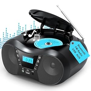 Boombox Portable CD Players for Home with Bluetooth, Boom Box CD Player FM Radio Combo, Stereo Sound, AC/Battery Powered, CD/CD-R/RW Compatible, Support AUX/USB/Headphone, Sleep Timer, Repeatable