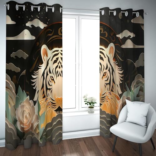 PARREN Cortinas Ventana Estilo Oriental con Aislamiento térmico Extra Anchas Tiger Lotus Cortinas Opacas Nube auspiciosas para la Sala Estar del Dormitorio W140xL260cm 2 Paneles