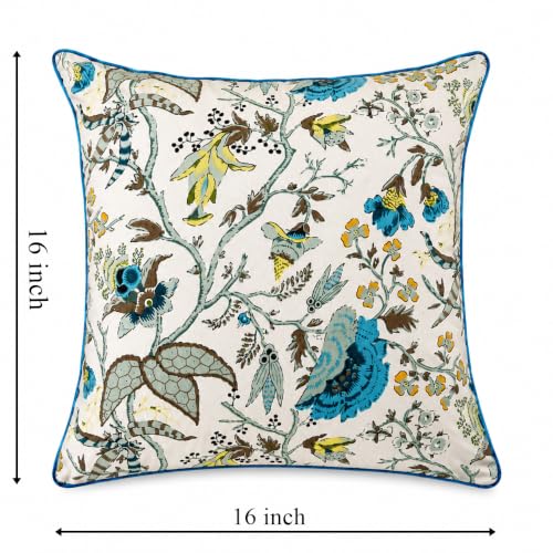 Image of Cotton Cushion Covers 16x16 Inch - Hand Block Floral Print Pillow Covers for Sofa, Couch & Bedroom (Pack of 5) (Sky Blue)