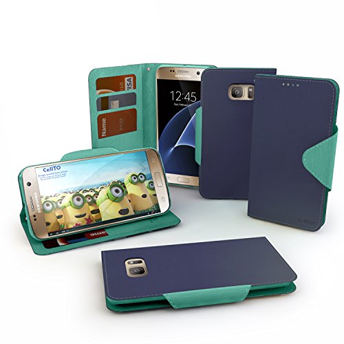 Galaxy S8 Case, Cellto Slim PU Leather Wallet Flip Protective Cover with Card Slot and Magnetic Clasp Kickstand for Samsung Galaxy S8 - Navy Blue/Mint