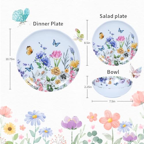 12 Piece Melamine Dinnerware Sets - Plates And Bowls Sets Floral Dinnerware Sets- Spring Camping Dishs Indoor Outdoor Use,Flowers And Butterflies Pattern - Image 3