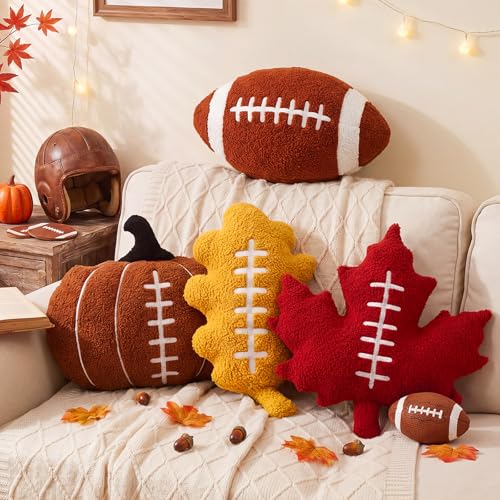 Image of HunnmingRe 4 Pcs Christmas Throw Pillows Fall Football Plush Pillows Winter Holiday Cushion Soft Decorative Cushions for Couch Bedroom Living Room Thanksgiving Xmas Decor (Earthy Color,Fall Football)
