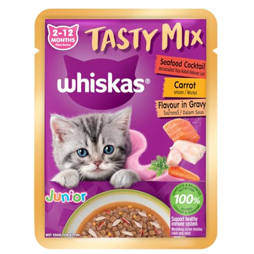 Image of Whiskas Tasty Mix Kitten (2-12 Months) Wet Cat Food, Seafood Cocktail Carrot Flavour in Gravy, 70 g, 100% Complete & Balanced Nutrition for Kittens