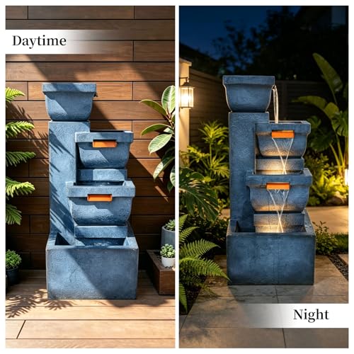 Image of 4-Tier Rock Outdoor Water Fountain, Resin with LED Light, 42 in | Cascading waterfall feature, indoor & outdoor available, decor for garden, patio, backyard and porch