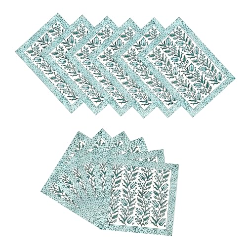 Image of BLOCKS OF INDIA Hand Block Printed Cotton Table Runner, Mat and Napkin Set of 13 pc for Center /Dining Table (Green Bel)