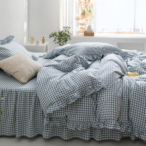 Image of mixinni Blue White Gingham Ruffle Duvet Cover Queen Size 3 Pieces - 100% Washed Cotton, Vintage Plaid Ruffled Bedding Set with Zipper Ties, Soft Checkered Grid Farmhouse Chic Comforter Cover Set