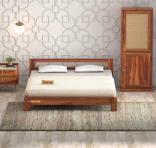 Image of SUNCOM Wooden Low Height Queen Size Bed Without Storage | Wooden Platform Bed | Space Saving Low Floor /Lying /Rise /Level /Profile Cot Bed for Bedroom | Basic Headboard | Honey Finish