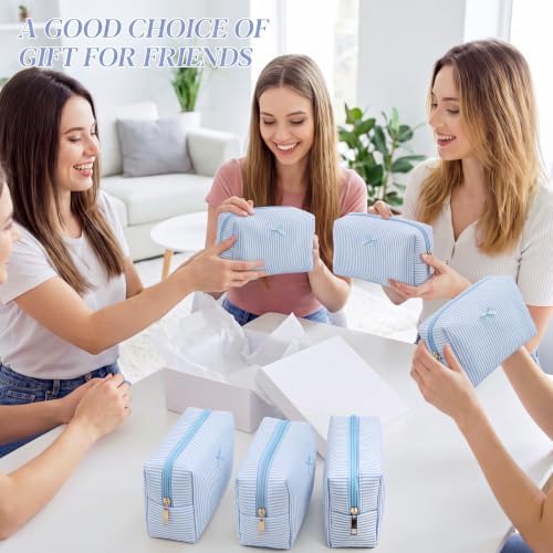 Sanwuta 8 Pcs Cozy Seersucker Cosmetic Bag Light Blue Stripe Makeup Bag Aesthetic Travel Zipper Cosmetic Pouch Large Cute Preppy Pouch for Spa Sleepover Birthday Party Galentines Day Bridesmaid Gift — view 4