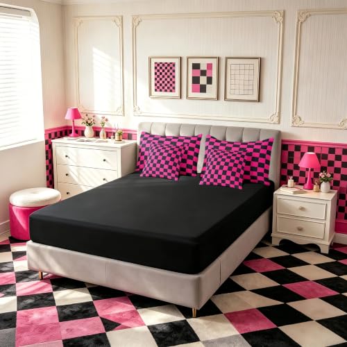 Image of Feelyou Checkered 7 Piece Bedding Set Teen Dark Red Black Plaid Comforter Set with Sheets Twin Size Kids Boys Cute Retro Neutral Checkerboard Geometric Bed in a Bag Vintage Aesthetic Room Decor