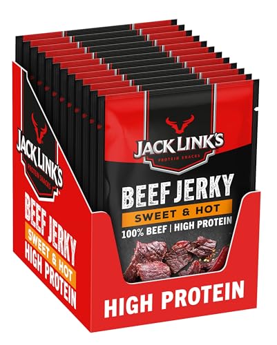 Jack Links Beef Jerky Sweet & Hot (12 x 25g) – Proteina Carne - Protein Snacks - Altamente Proteica - Cecina Seca Rica en Proteinas - Snack Proteico - Alta en proteínas para fitness, al aire libre