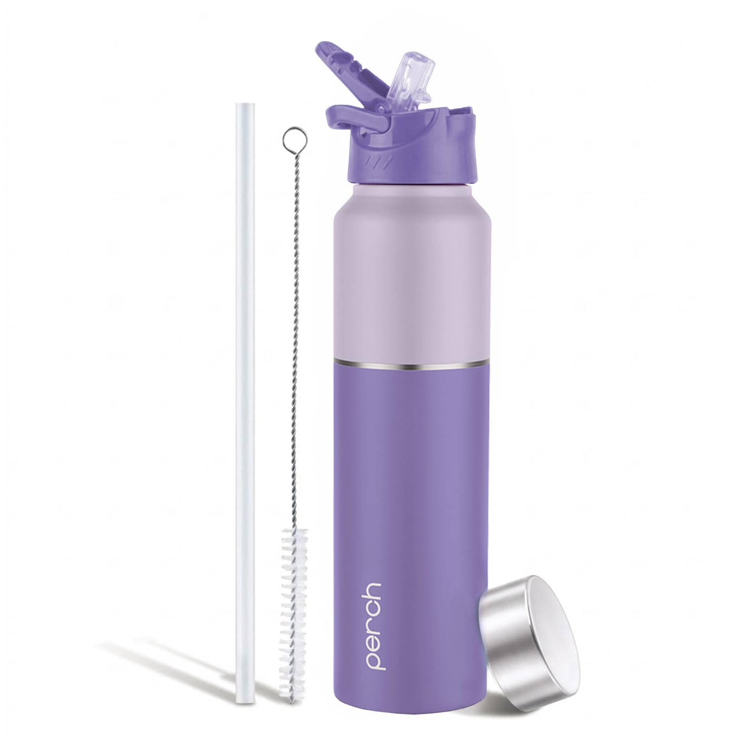 Perch Magic ISI Certified Stainless Steel Water Bottle 1 Ltr | With Dual Cap and Straw Cleaner | Single-Wall Fridge Bottle | BPA Free | Compact & Easy to Carry | For Travel, Gym, School - Purple