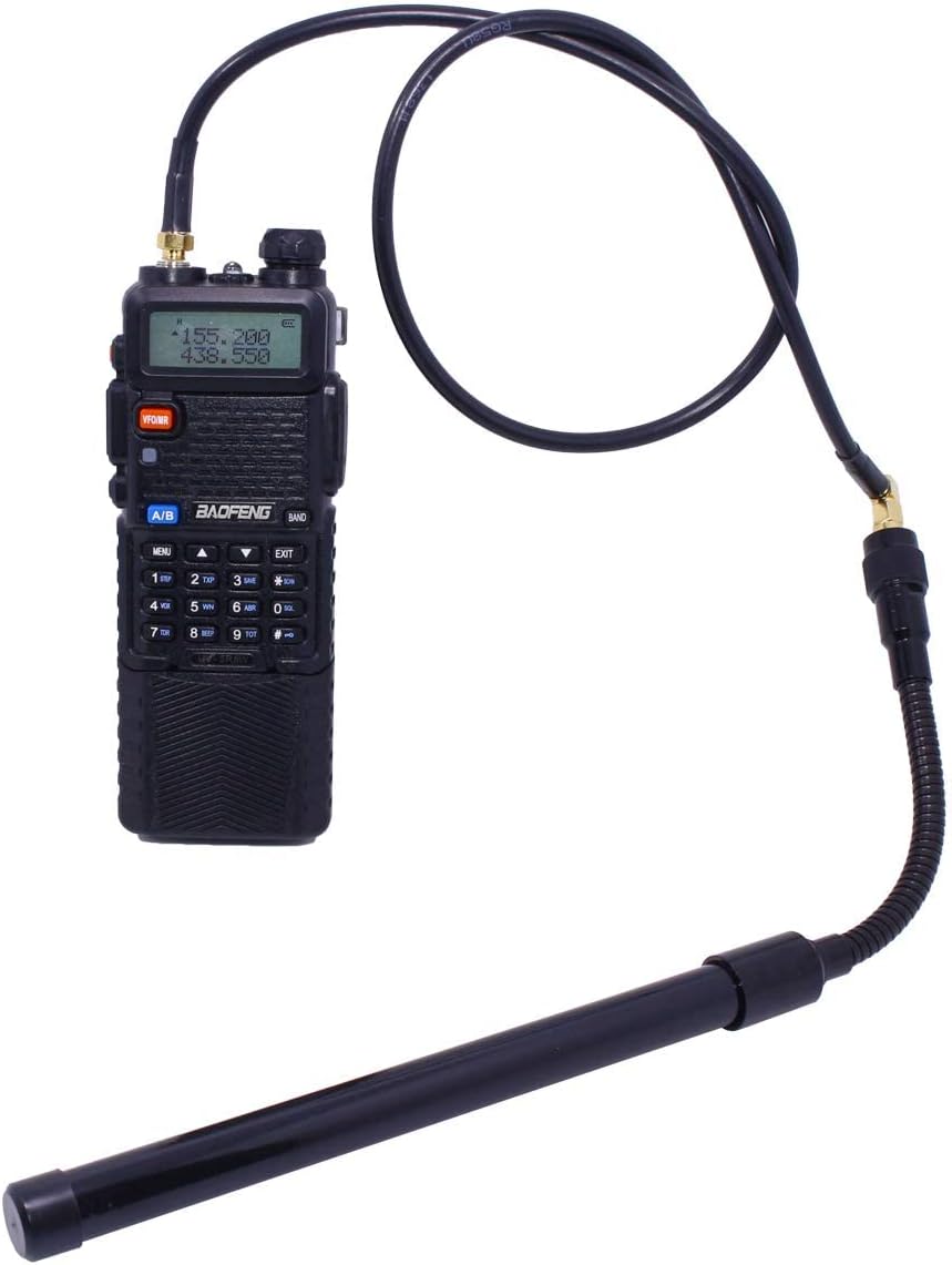 Full view of a Baofeng radio connected to an extended antenna via the ABBREE AR-152G cable