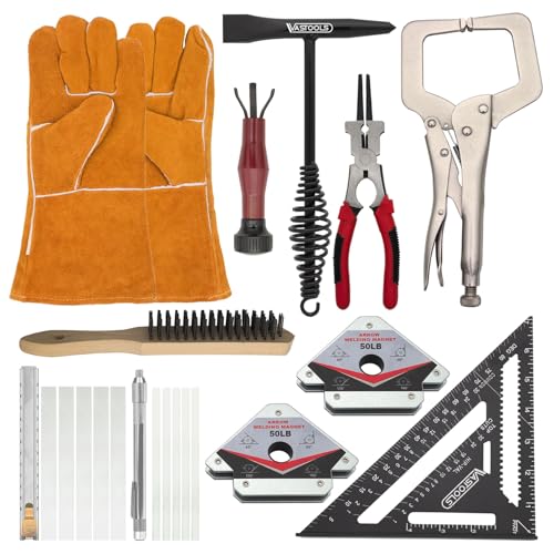 VASTOOLS MIG Welding Tools 10pc Chipping Hammer Leather Welding Gloves Speed Square Welding Clamp Soapstone Holder Welding Magnet Welpers Pliers MIG Nozzle Reamer Wire Brush
