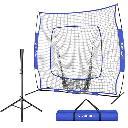 VIVOHOME Baseball Softball Batting Net - 7x7 Ft Baseball Backstop Softball Practice Net for Hitting Pitching Throwing with Batting Tee and Carry Bag Blue