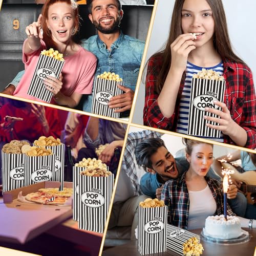 Image of Potchen 200 Pcs Paper Popcorn Bags Bulk 2 oz Large Individual Serving Popcorn Bag Flat Bottom Disposable Container Vintage for Movie Night Themed Summer Back to School Party Carnival (Black)