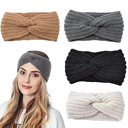 4 Pcs élastique bandeaux pour femmes, bandeau Plaine de Tête Tressée, 4 couleurs Hiver Serre-Tête Tricoté Oreille Réchauffeur Chaud Noué Bande Elastique Cheveux(Gris, Blanc, Marron, Noir) Cover