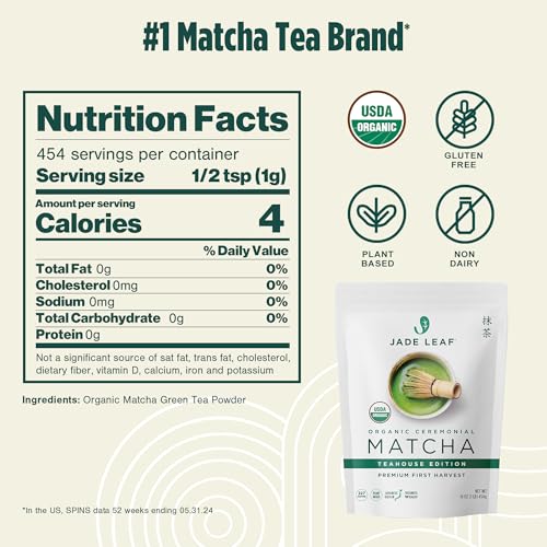 Image of Jade Leaf Matcha Organic Ceremonial Grade Matcha Green Tea Powder - 100% Pure Japanese First Harvest Green Tea for Ceremonies, Usucha, Lattes 454g / 16 Ounce Bulk Pouch (Pack of 1)