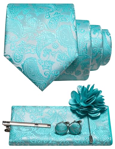 Jemygins Cravate pour homme à motif paisley avec pochette, pince à cravate, broche fleurie et boutons de manchette - Ensemble, Turquoise., Einheitsgröße