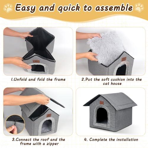DAJASD Katzenhaus Outdoor Winterfest, Katzenhöhle, Hundehöhle mit Abnehmbarem Plüschkissen, Wasserdicht Wetterfester, Hundehütte Indoor, Hundehaus für Drinnen/Indoor 35x30x35cm (Grau, S)