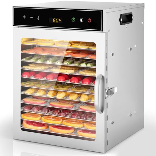 Dörrgerät aus Edelstahl, oiyocemo Obsttrockner mit 12 Tabletts und kostenlosem Rezeptbuch, BPA-frei, Temperatureinstellung 30–90 °C, max. 24 Stunden, Dörrgerät für Gemüse und Fleisch in Großbritannien