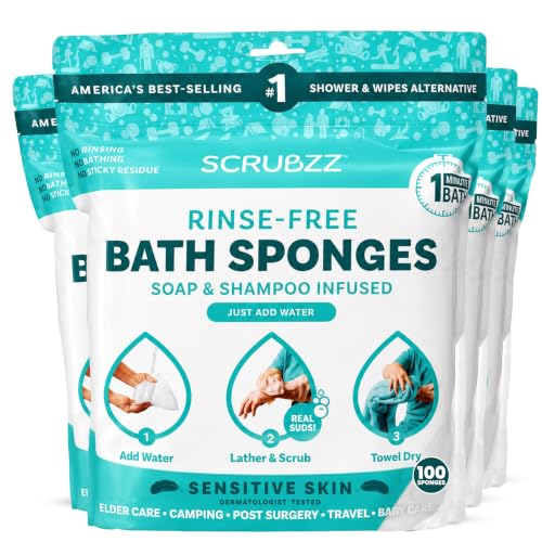 Image of Scrubzz Disposable No Rinse Bathing Wipes for Sensitive Skin - All-in-1 Single Use Shower Wipes, Simply Dampen, Lather, and Dry Without Shampoo or Rinsing (Sensitive Skin, 4-Pack)