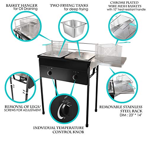 Bioexcel taco cart Outdoor Two Tank Fryer compatible with Propane Gas Tanks, comes with 2 Baskets & Stainless Steel Oil Tank