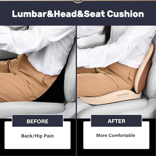 Image of Coverado Car Seat Cushion and Lumbar Support with Headrest Pillow Memory Foam Ergonomic Back Support Driving Seat Cushion Neck Head Pillow, Back Pain Relief, Cushion for Car Driver Office