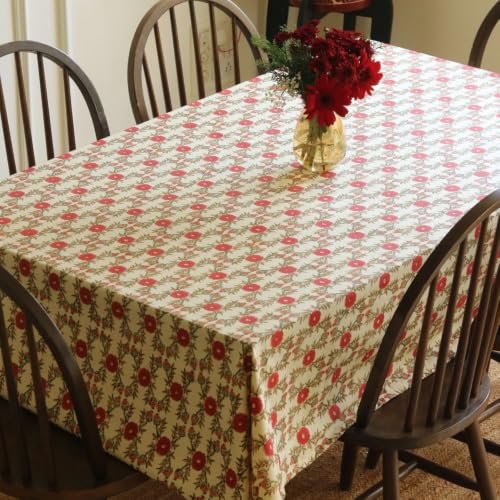 Image of THE YARD HOUSE Wipeable & Anti-Slip Hand Block Printed Cotton Table Cover - Field of Poppies, 6 Seater Rectangle (60 inch x 90 inch) Ideal for Families - Protects Against Spills, Scratches, and Damage.